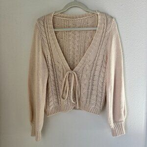 Cream Boho Classic Knit Tie Cardigan Sweater - S